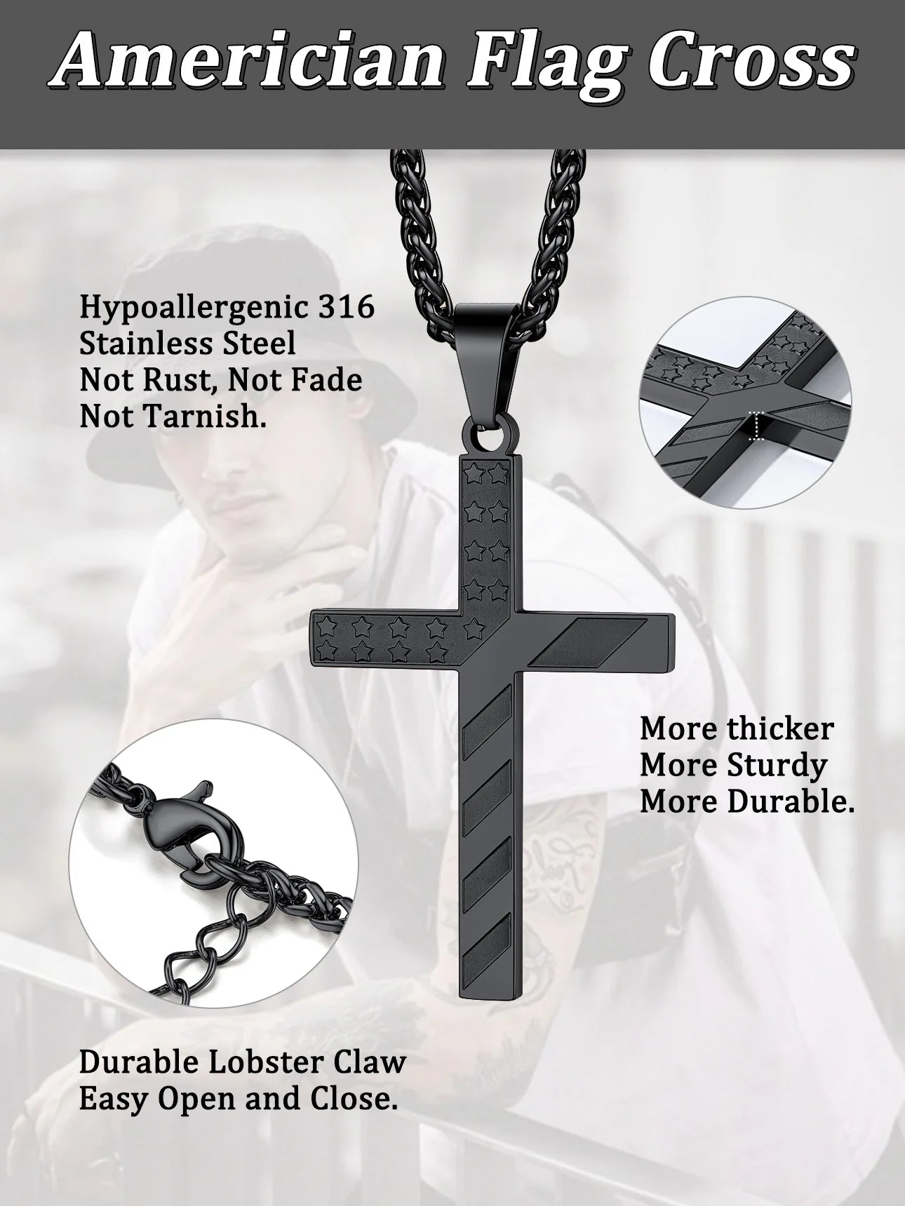 American Flag Cross Necklace for Boys Men Black Cross Pendant Chain Necklace First Communion Religious Jewelry Gift