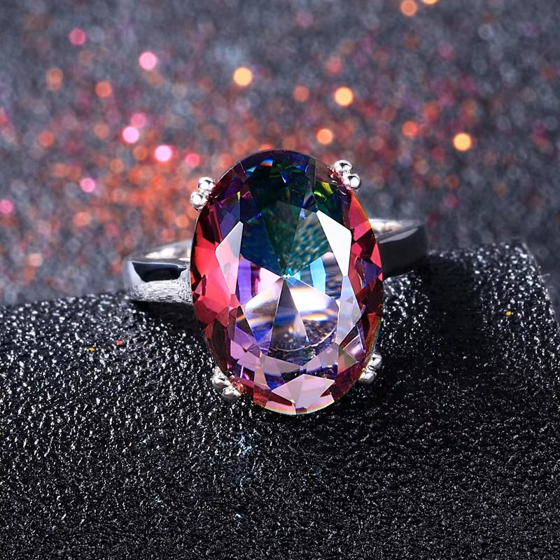 Fashion Women'S Jewelry S925 Silver Ring Mystic Fire Rainbow Topaz Rings Promotion Elegant Wedding Jewelry Anillos Party Gift