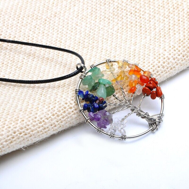 Tree of Life Pendant Necklace 7 Chakra Natural Gemstone Crystal Stones Healing