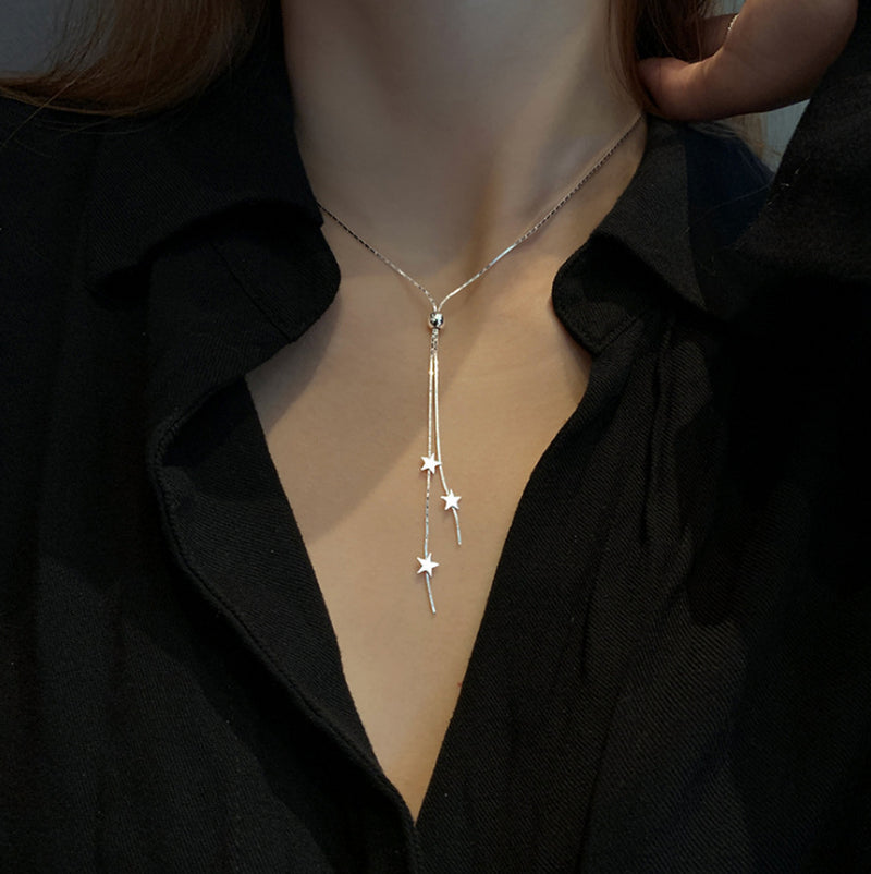 925 Sterling Silver Plated Star Slide Lariat Pendant Necklace Women Girl Gift