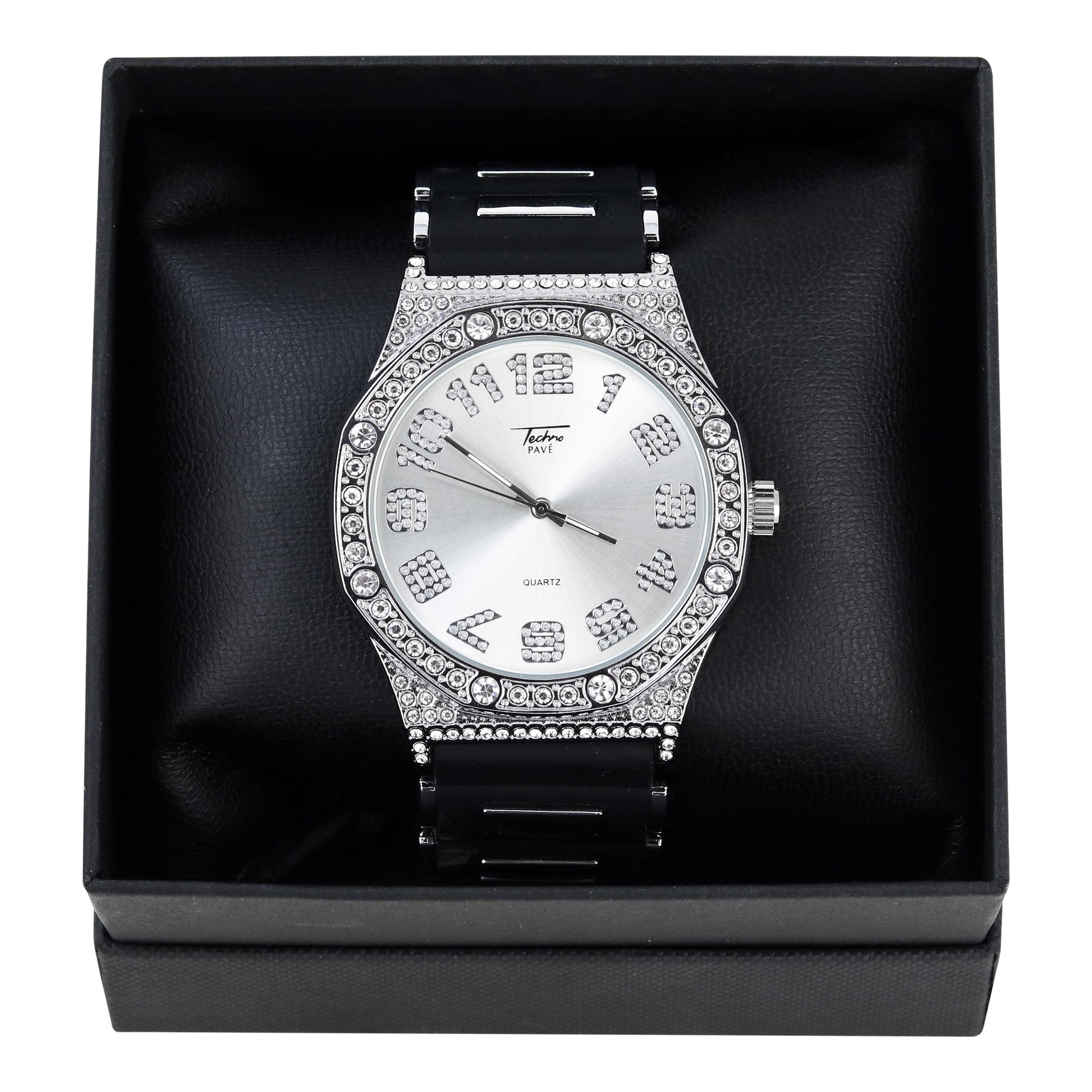 Men'S Luxurious Iced Out Watch - Solitaire Bezel - Octagon Dial with Diamond Numeral Hour Indicators - Breathable Silicone Band - Quartz Movement - Silver Tone Finish