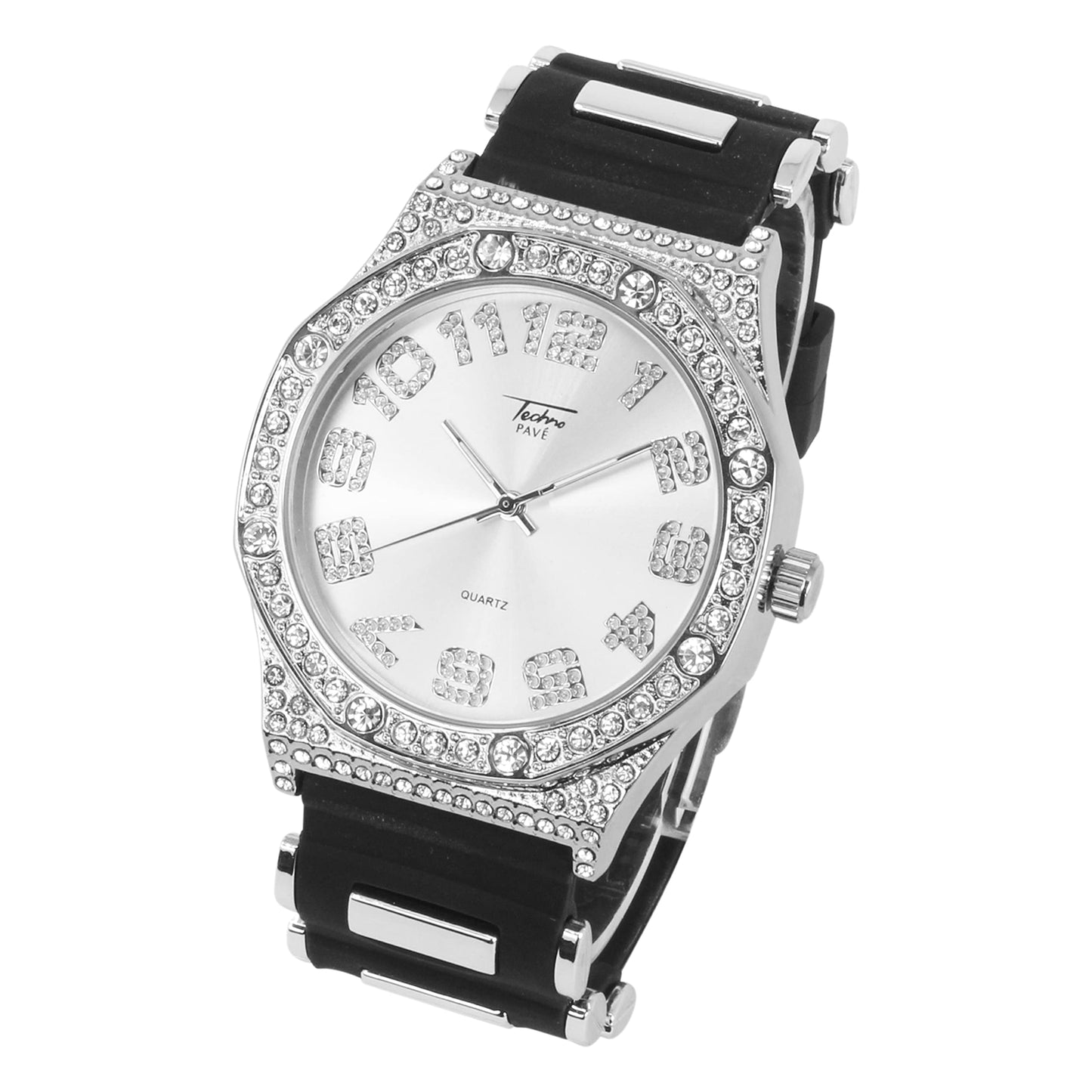 Men'S Luxurious Iced Out Watch - Solitaire Bezel - Octagon Dial with Diamond Numeral Hour Indicators - Breathable Silicone Band - Quartz Movement - Silver Tone Finish