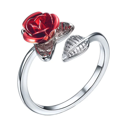 Rose Flower Ring Adjustable Dainty Flower Open Rings Jewelry Wedding Valentine Gifts for Women Girl(Silver)