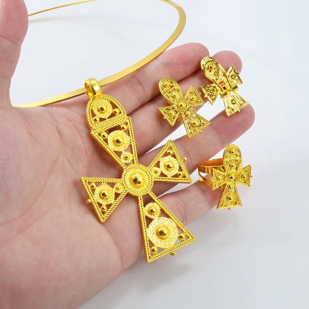 Ethiopian Big Cross Jewelry Sets Chokers Pendant Earrings Ring Gold Color African Eritrea Traditional Wedding #333606