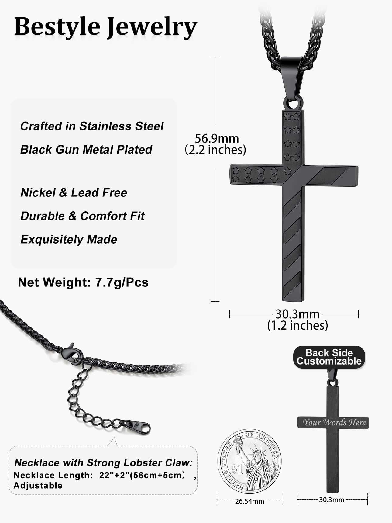 American Flag Cross Necklace for Boys Men Black Cross Pendant Chain Necklace First Communion Religious Jewelry Gift