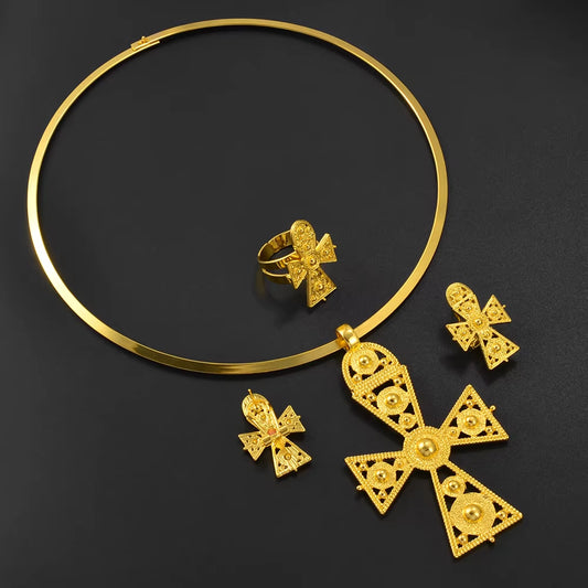 Ethiopian Big Cross Jewelry Sets Chokers Pendant Earrings Ring Gold Color African Eritrea Traditional Wedding #333606