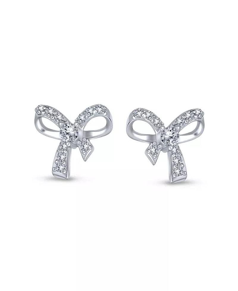 Delicate Dainty Ribbon Birthday Present Pave CZ Small Bow Stud Earrings for Women Teens .925 Sterling Silver