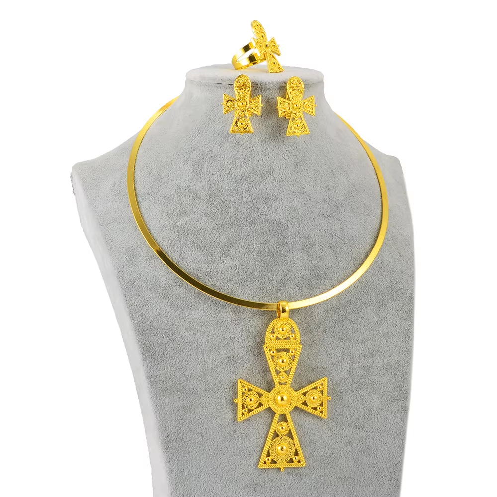 Ethiopian Big Cross Jewelry Sets Chokers Pendant Earrings Ring Gold Color African Eritrea Traditional Wedding #333606