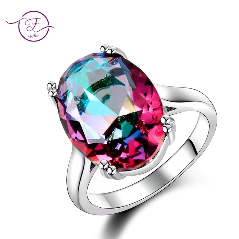 Fashion Women'S Jewelry S925 Silver Ring Mystic Fire Rainbow Topaz Rings Promotion Elegant Wedding Jewelry Anillos Party Gift