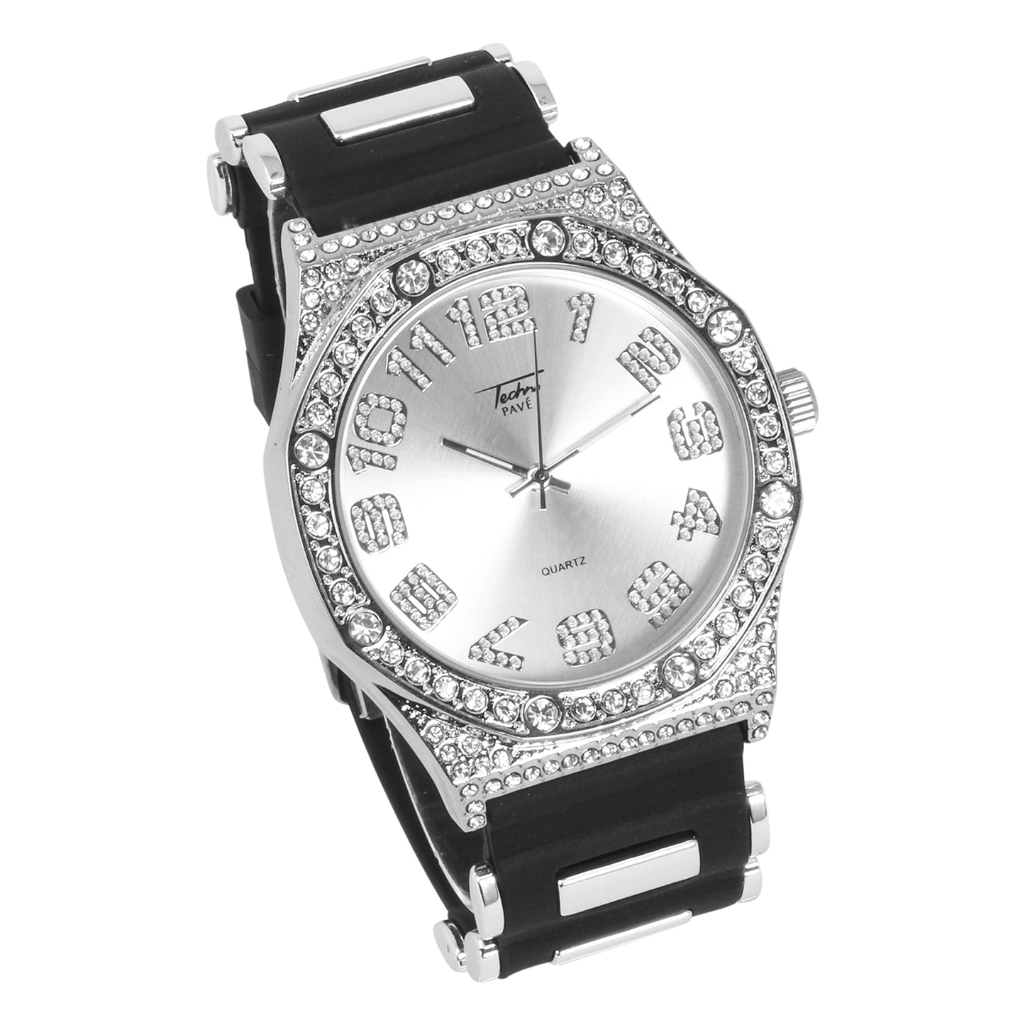 Men'S Luxurious Iced Out Watch - Solitaire Bezel - Octagon Dial with Diamond Numeral Hour Indicators - Breathable Silicone Band - Quartz Movement - Silver Tone Finish