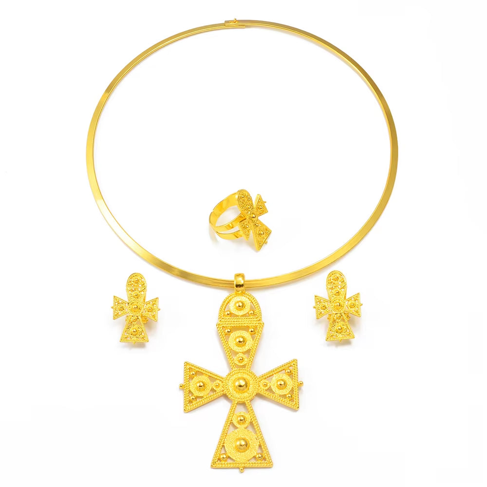 Ethiopian Big Cross Jewelry Sets Chokers Pendant Earrings Ring Gold Color African Eritrea Traditional Wedding #333606