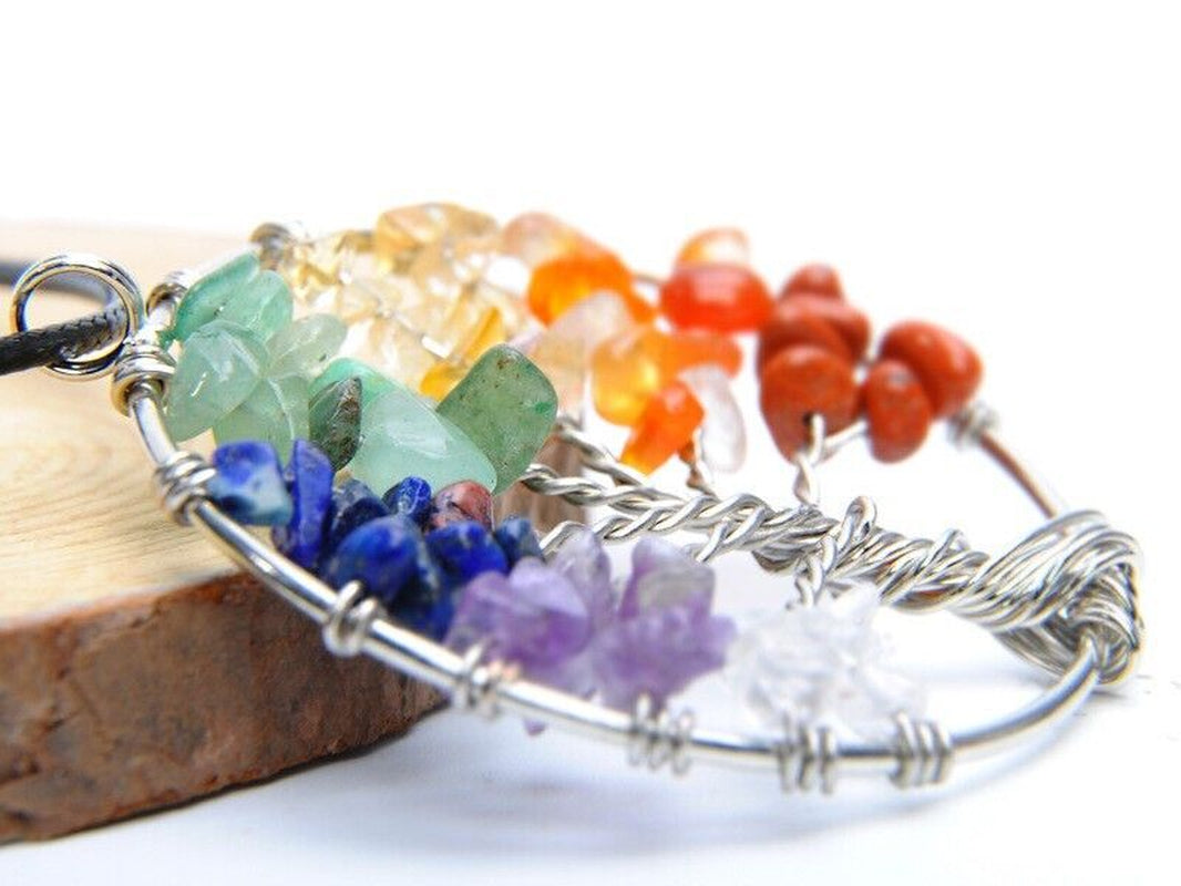 Tree of Life Pendant Necklace 7 Chakra Natural Gemstone Crystal Stones Healing