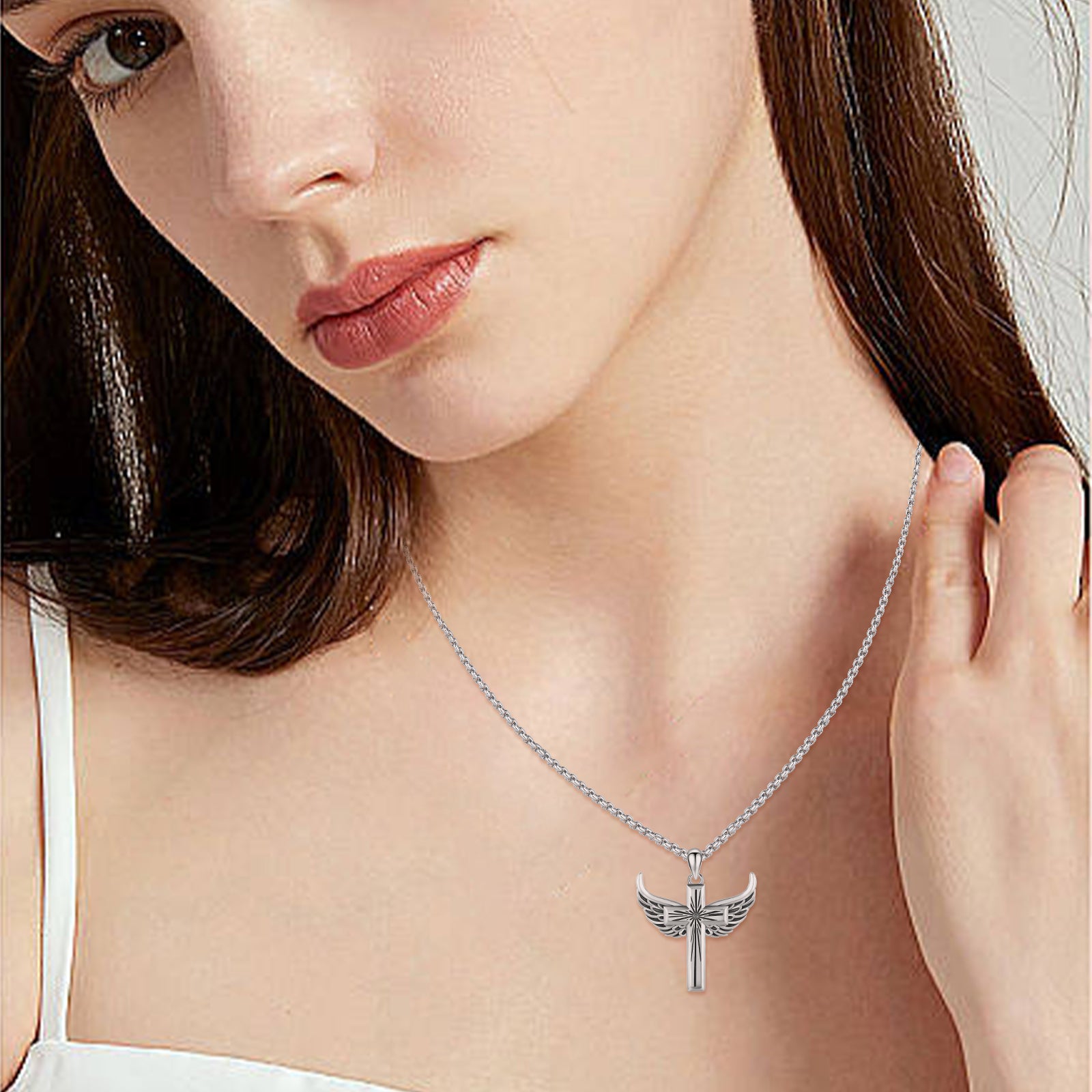 Cross Necklace 925 Sterling Silver Angel Wings Pendant Necklaces Christian Jewelry Birthday Gift for Men Women Boys Daughter Mom Son